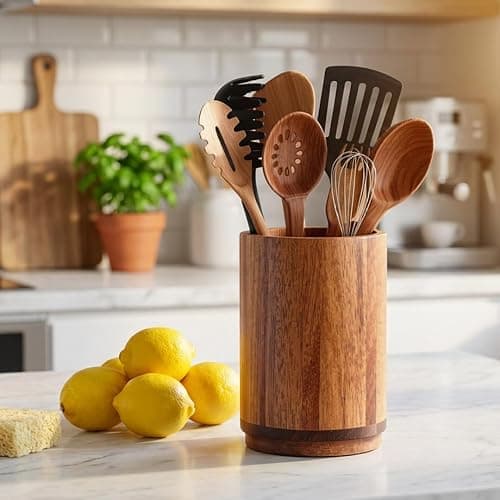 Segtenant Utensil Holder, Acacia Wood Kitchen Utensil Holder for Countertop, 360°Rotating Cooking Utensil Crock for Kitchen Counter, 7.2" Large Utensil Organizer for Spatula thumbnail 7