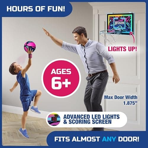 Jesser Hoop Over The Door Mini Basketball Hoop – 2 Gameplay Modes: Shot Clock or Score Keeping, 5" Exclusive Ball, Electric LED Scoring, Net, Air Pump - Indoor Sports Fun for Kids 6+ thumbnail 5