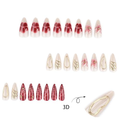 Flower Press on Nails Medium Almond Fake Nails with Gold Embossed Design Full Cover Stick on Nail Pink Floral False Nails Glossy Acrylic Nails for Women Nail Manicure Decoration 24 Pcs thumbnail 2