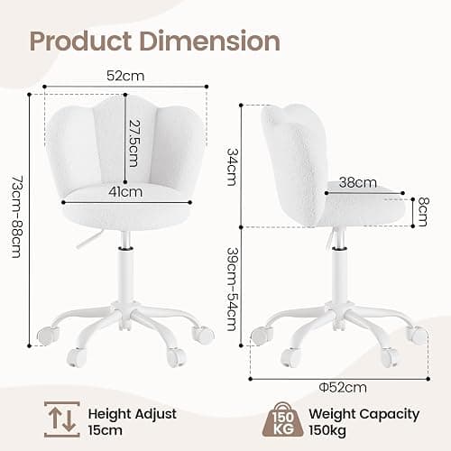 Luxstein Office Desk Chair, Height Adjustable Swivel Vanity Chair with Thickened Cushion for Home Office Bedroom Dressing Room Study, White thumbnail 2