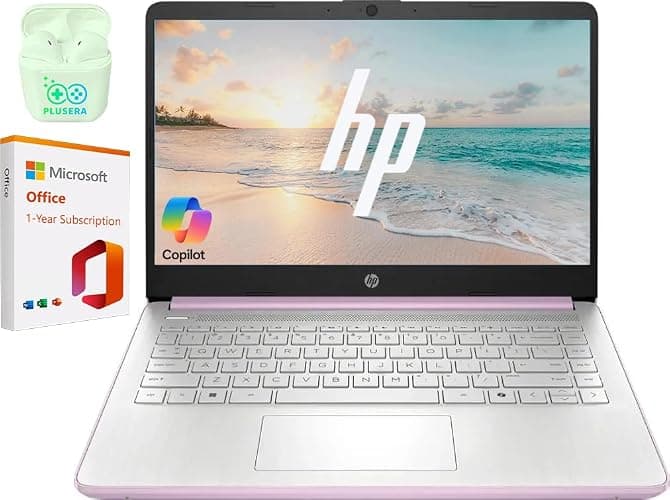 HP 14" Business Laptop Computer with 1-Year Office 365, Intel Quad-Core N150 Processor, 4GB RAM 128GB UFS, Windows 11 Home, PLUSERA Earphones, Honey Lavender - Image 1