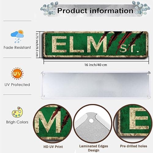 Vintage Metal Tin Horror Movie Decor - Elm Street Sign, 4x16 inch - Bathroom & Bedroom Decor for Men's Man Cave thumbnail 4