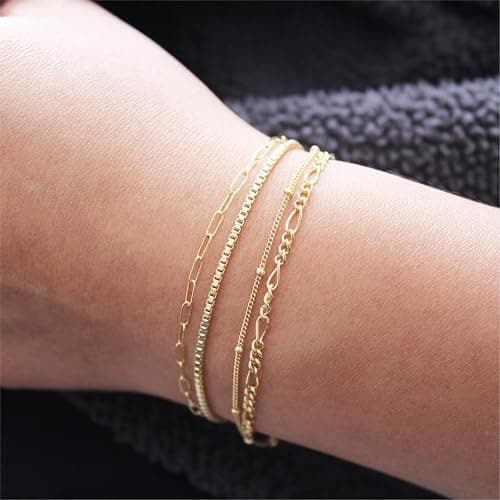 Feskive Gold Bracelets for Women Teen Girls 14k Gold Plated Bracelets for Women Bracelets Sets Dainty Tennis Bracelet Herringbone Figaro Box Chain Thin Bracelet Set Delicate Layered Bracelets Jewelry for Gifts thumbnail 3