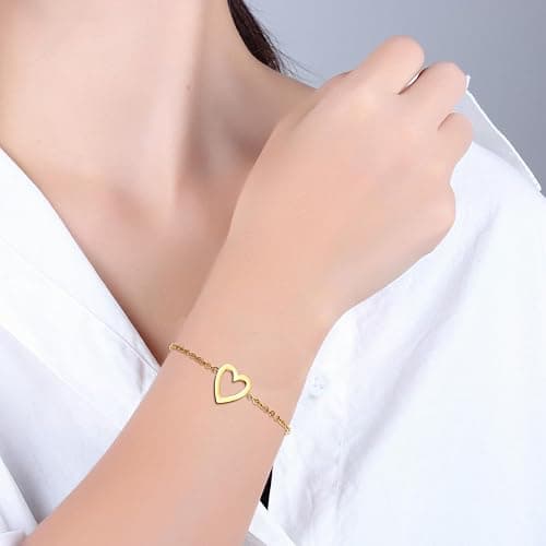 2pcs Matching Heart Bracelets, Gold Plating Delicate Love Friendship Chain Adjustable Jewelry Bracelets Heart Bracelet Set Gift for Women as Prom Accessories Anniversary (Gold) thumbnail 4