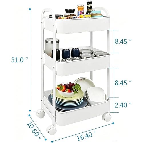 Goxeon 3-Tier Rolling Utility Cart with Caster Wheels,Easy Assembly, for Kitchen, Bathroom (White) thumbnail 3