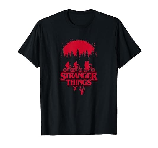 Stranger Things Group Shot Bike Ride Upside Down Silhouette T-Shirt - Image 1