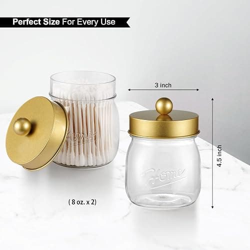 Farmhouse Decor Apothecary Jar Set,Mason Jar Bathroom Vanity Storage Organizer Canister - Qtip Holder Plastic Acrylic Jar for Cotton Swabs,Cotton Pads,Floss Picks,Paper Clips,Hair Clips(2 Pack,Gold) thumbnail 3