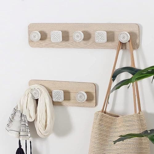 LNGFSH Porte Manteau Mural Bois,Patère Murale,Bois Massif Porte Manteau Salle De Bain,5 Crochets pour Manteaux Veste pour chambre à coucher, cuisine, salon, vestiaire Naturel thumbnail 4