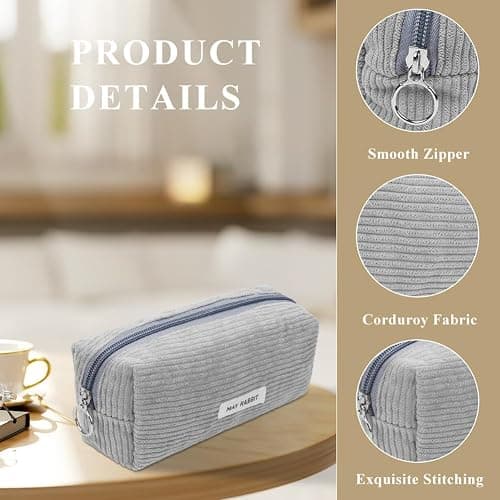 OFFCUP Federmäppchen Mädchen Mäppchen Cord-Stoff, Pencil Case Teenager Stiftetasche Tragbare Schreibwaren Tasche, Federtaschen Schlampermäppchen mit Reißverschluss, Federmappe für Schule, Büro - Grau thumbnail 3