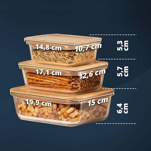 KHG Frischhaltedosen Glas Set 3-teilig Holz Deckel Bambus rechteckig, verschiedene Größen, auslaufsicher, luftdicht, spülmaschinengeeignet, mikrowellen- und backofengeeignet - - 3er Set Rechteckig thumbnail 7