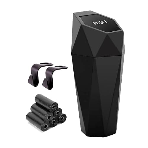 Ginsco Car Trash Can Cup Holder, Mini Car Trash Can with Lid, Car Accessories for Interior, Leakproof Small Trash Cup for Car, Home, Office, Bedroom with Additional 2 Hooks and 90pcs Trash Bags Black - Image 1