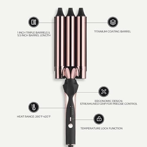 Rozamor 3 Barrel Curling Iron Hair Crimper for Beach Waves, 1” Titanium Hair Waver with 5 Heat Settings, Dual Voltage Crimper for All Hair Types, Fast Heating Triple Barrel Curling Wand - Black thumbnail 2