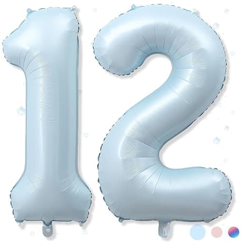 Foil 12 Balloon, Light Matte Sky Blue Big Number 12 Balloons for Boys Birthday Party Decor, 40 Inch Mylar Helium Number 12 Pastel Baby Blue Balloon for 12th Birthday Party Anniversary Decorations - Image 1