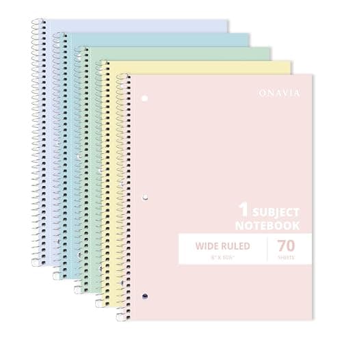 ONAVIA 1 Subject Spiral Notebook Wide Ruled 5 Pack, 140 Pages, Assorted | 70 Sheets, 7.5 x 10.5 in, 3-Hole Punched, School Notebook, Wide Ruled Paper, Study, Students - Image 1