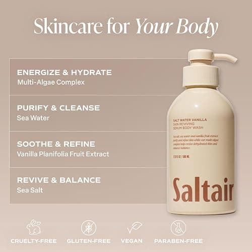 Saltair Body Wash, Salt Water Vanilla 2-Pack. Moisturizing Body Cleanser with Monoi Oil and Cupuacu Butter. Luxury Shower Gel for Women and Men. Vegan, Cruelty-Free, Paraben-Free. 2x 17oz Pump Bottles thumbnail 3