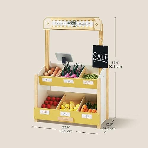 Tiny Land Wooden Play Store Pretend Grocery Store Role Play Toy | Pretend Farmers Market & Coffee Shop with Cash Register, DIY Price Tags, Chalkboard for Toddlers thumbnail 2