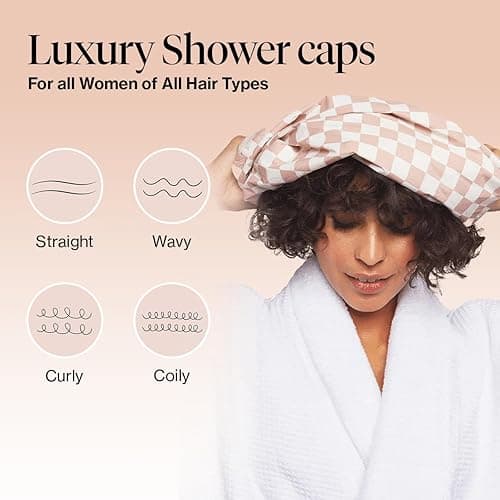 Kitsch Luxury Shower Caps for Women Reusable Waterproof - Flexi Satin Lined, Large Shower Cap for Men, Non-slip, Quick-dry, Adjustable, Stylish Hair Cap for Long & Short Hair - Terracotta Checker - Terracotta Checker thumbnail 3