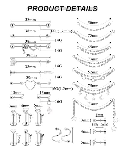 REVOLIA Surgical Steel Industrial Barbell Earrings with Chain for Women Dangle Cartilage Earring Studs Cartilage Helix Tragus Daith Industrial Piercing Jewelry Set thumbnail 4