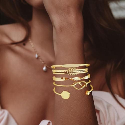 Gold Bangle Bracelets for Women, 14k Gold Plated Multi Layer Cuff Bangles Set, Stackable Boho Non Tarnish Elegance Smooth Bangle Jewelry Gifts for Her thumbnail 5