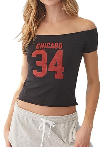 Alyweatry Women Jersey Baby Tee Off The Shoulder Short Sleeve Number Graphic Y2k Slim Fit Going Out T-Shirt Streetwear - Image 1