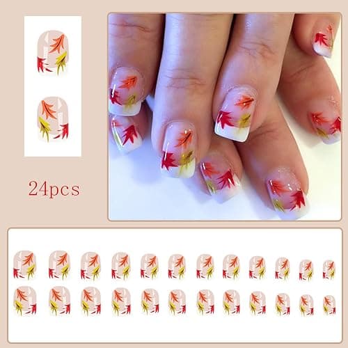 Fall Short Square French Tip Press on Nails with Leaves Design,Glossy Maple Leaf False Nails Glue on Nails,Autumn Winter Manicure Art Acrylic White Stick on Nails Fake Nail Tips for Women Thanksgiving thumbnail 5