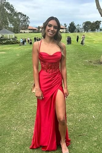 Wchecalino Satin Mermaid Prom Dresses Long 2026 Spaghetti Straps Sparkly Corset Formal Evening Party Gowns with Slit thumbnail 6