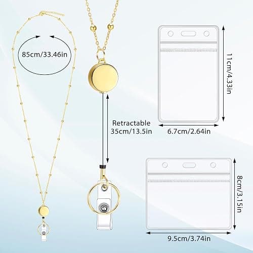 Gold Stainless Steel Lanyards for Id Badges with 2 Holders Retractable Reel | Includes 2 waterproof badge holders, adjustable chain, 13.5" retractable reel, for ID cards, keys, office, school, cruise thumbnail 3