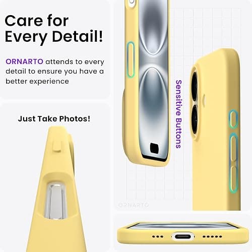 ORNARTO Compatible with iPhone 16 Case 6.1", Slim Liquid Silicone 3 Layers Full Covered Soft Gel Rubber Shockproof Phone Case, Protective Cover with Anti-Scratch Microfiber Lining-Buttercream Yellow thumbnail 5