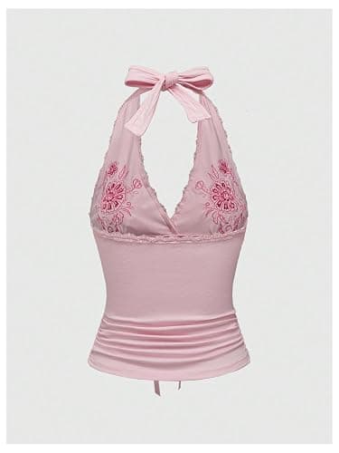 OYOANGLE Women's Floral Embroidery Bow Halter Tank Tops Lace Trim Ruched Fitted Sleeveless Top thumbnail 2