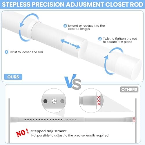 Closet Rods for Hanging Clothes, 17 to 99 Inch Heavy Duty Stepless Adjustable Closet Hanging Rod, 1.3 Inch Diameter Metal Closet Rod for Wardrobes Laundry Bedroom RV, White thumbnail 2