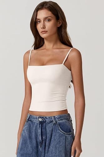 QINSEN Women's Double Lined Basic Tank Top Adjustable Spaghetti Straps Sleeveless Camisole Shirts thumbnail 4