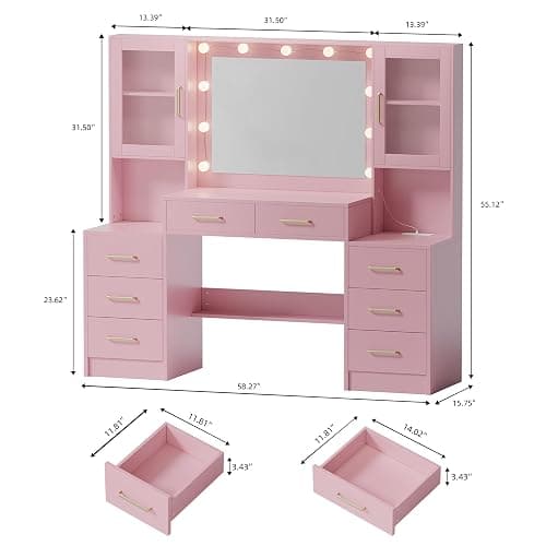 58.3" Makeup Vanity Desk with Charging Station, Pink Makeup Dressing Table with Mirror & Lights, 3 Lighting Modes Adjustable Brightness, Vanity Table with Power Outlet & 8 Drawers without Stool thumbnail 2