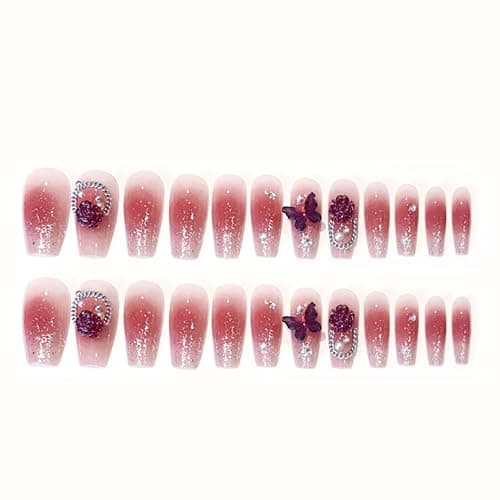 Hkanlre Bling Coffin Press on Nails Fake Nails Tips Full Cover Medium False Gradient Nails for Women and Girls 24PCS (Red Coffin) thumbnail 2