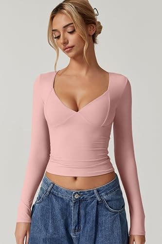 QINSEN Women's Long Sleeve V Neck T Shirts Double Lined Crop Top Seamed Cup Going Out Tops thumbnail 5