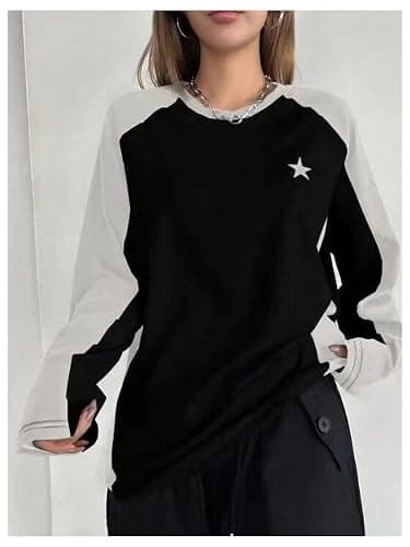 SHENHE Women's Color Block Crew Neck Star Graphic Raglan Shirt Loose Long Sleeve Tee Top - Large - White and Black thumbnail 4