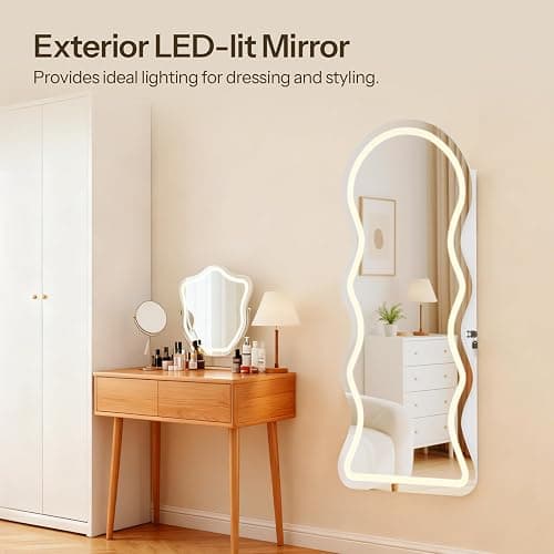 HOOBRO LED Mirror Jewelry Cabinet, Wall/Door Mounted Jewelry Organizer, Jewelry Aromire with Wavy Mirror Full Length, Lockable Jewelry Storage Cabinet, Interior Mirror, 16.5" x 4.1" x 43.3", White thumbnail 5