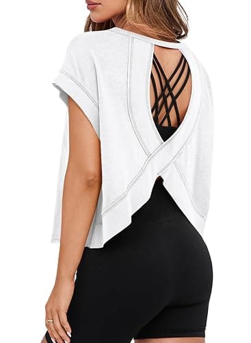 MIHOLL Womens Oversized Workout Crop Tops Open Back Casual Short Sleeve Crew Neck Cotton Loose Boxy Tshirts - Image 1