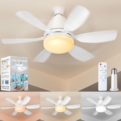 Zyxrona Socket Fan Light with Remote, 20'' 30W Dimmable LED 3 Colors 3000K-6500K, 6 Speed Wind Small Ceiling Fan with Light, Screw in Light Bulb Fan for Bedroom, Kitchen, Living Room, Closet - Image 1