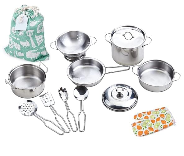 Play Pots and Pans Toys for Kids - Kitchen Playset Pretend Cookware Mini Stainless Steel Cooking Utensils Development Toys for Toddlers & Children Ages 3 Years and up thumbnail 4
