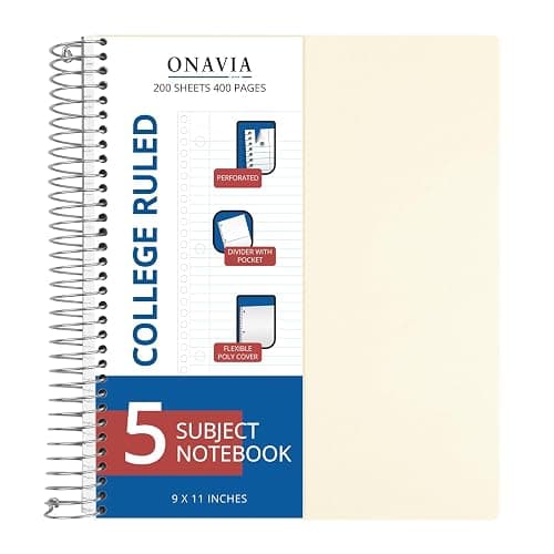 ONAVIA 5 Subject Spiral Notebook College Ruled, 400 Pages, Beige | 200 Sheets, 9 x 11 in, 6 Pack Waterproof Plastic Cover, Durable, School Notebooks, Classroom, Teachers - Image 1