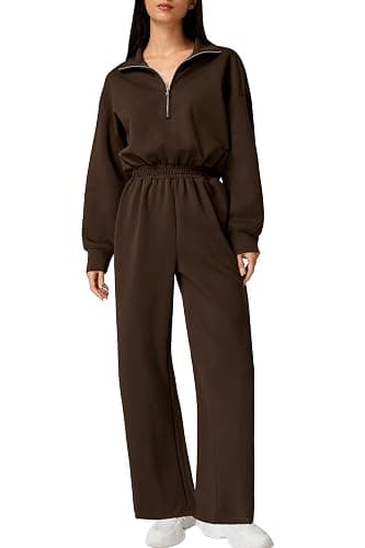QINSEN Women's AirCotton Long-Sleeve Half-Zip High Waisted Wide Leg Jumpsuit with Pockets - Image 1