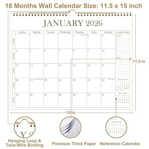 2026 Calendar - Wall Calendar 2026 from January 2026 - June 2027, 18 Months Calendar with Premium Paper, Twin-Wire Binding & Hanging Hook, 12" x 14.5", Golden thumbnail 4