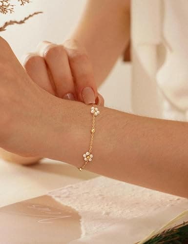 HEVOCY Gold Pearl Bracelets for Women, 14K Gold Plated Dainty Bracelet Set, Adjustable Layered Pearl & Beaded Chain Bracelets, Non Tarnish Lightweight Jewelry Gifts for Women thumbnail 3