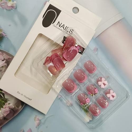 24Pcs Pink French Tip Press on Nails Short Square Fake Nails with Flower Bow Nail Charms Rhinestones Glue on Nails Cute Bows False Nails Artificial Acrylic Nails for Women Manicure Tips Decor - Bow Style-28 thumbnail 5