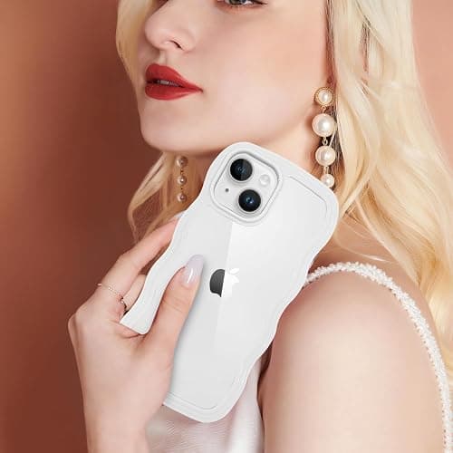 ORDA for iPhone 13 Case, for iPhone 14 Case Cute Wave Frame Curly Shape Shockproof Hard PC Phone Cover for Women and Girls Compatible with for 6.1 inchs White thumbnail 6
