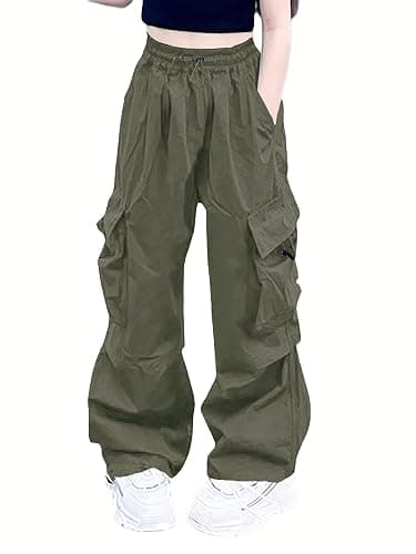 Nanasait Girls Cargo Pants Elastic Waist Drawstring with Pockets Pants, 6-14 Years - Image 1