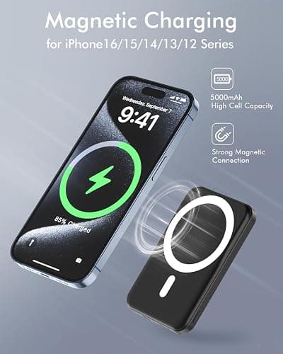 podoru for Magsafe Battery Pack, 5000mAh Magnetic Power Bank with Type-C Cable 20W PD Fast Charging Lighting Input Wireless Portable Charger for iPhone 16/15/14/13/12/ All Series-Black - Space Black thumbnail 3