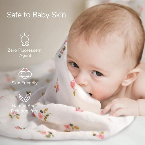 Momcozy Muslin Swaddle Blanket Baby Girl Newborn, 4 Pack Large Wrap Swaddle Blankets Soft Silky Breathable (70% Bamboo + 30% Cotton), Receiving Blanket, Floral Design thumbnail 5