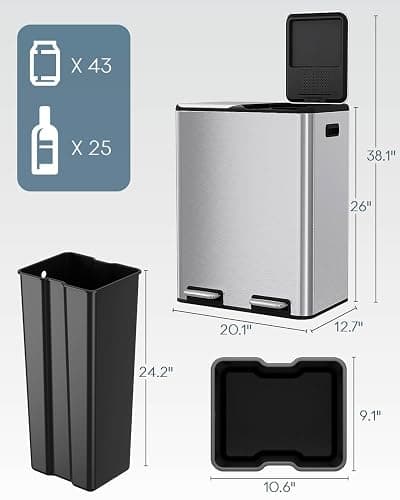 ComfyCorner 16 Gal (2 x 30 L) Dual Trash Can with Odor Control Box | Stainless Steel Kitchen Garbage Bin, Recycle Dustbin with Soft-Close Lid,Inner Buckets,Side Handle,Step Pedal,for Home Office thumbnail 2