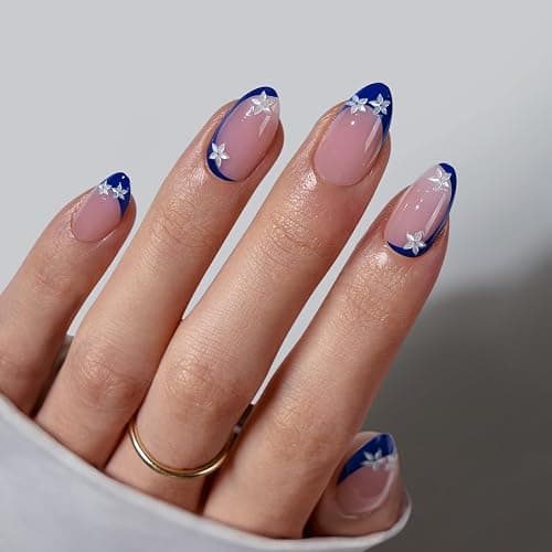 BTArtbox Press On Nails Short - Lamp-Curable Blue French Tip Almond Press On Nails with Glue for Women, Semi-Transparent Soft Gel Glue On Nails in 16 Sizes - 32 Stick On Nails Kit, Blue Blossom - Image 1